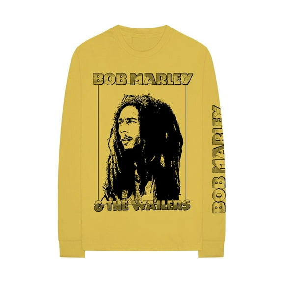 Official Bob Marley Profile Frame Kaya Text Yellow Long Sleeve Graphic Tee Unisex