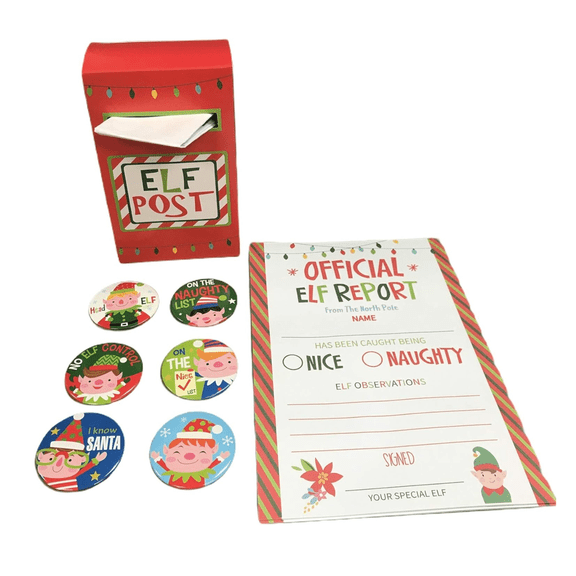 Official Elf Reports North Pole - Behavior Naughty or Nice Fill in Note Cards Post Box Mailbox and Elf Badges Santa Surveillance Buttons Kids Letter Game