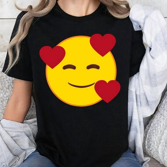 Official Emoji Floating Hearts Yellow Smile Face T-Shirt Unisex T-Shirt, Sizes S-5XL - Gategoo