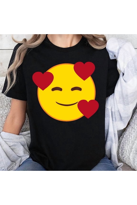Official Emoji Floating Hearts Yellow Smile Face T-Shirt Unisex T-Shirt, Sizes S-5XL - Gategoo