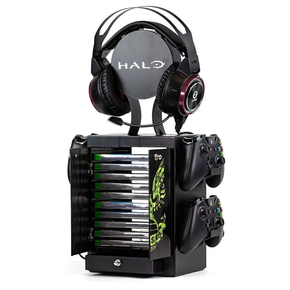 Official Halo Gaming Accessory Locker & Storage Stand Holds 10 Games/, 4 Controllers, Headset, and Accessories Durable & Compact Organizer Official Halo Merchandise