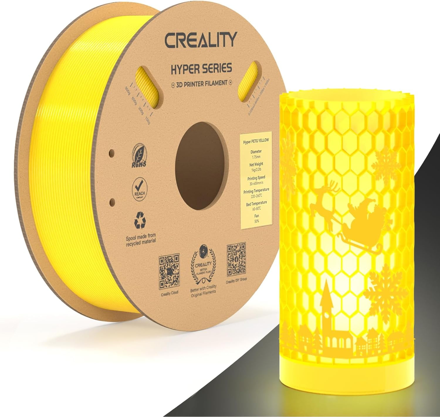 Official Hyper PETG Filament 1.75mm, High Speed 600mm/s 3D Printer Filament PETG, 1kg(2.2lbs)/Spool, Dimensional Accuracy ± 0.05 mm (Yellow)