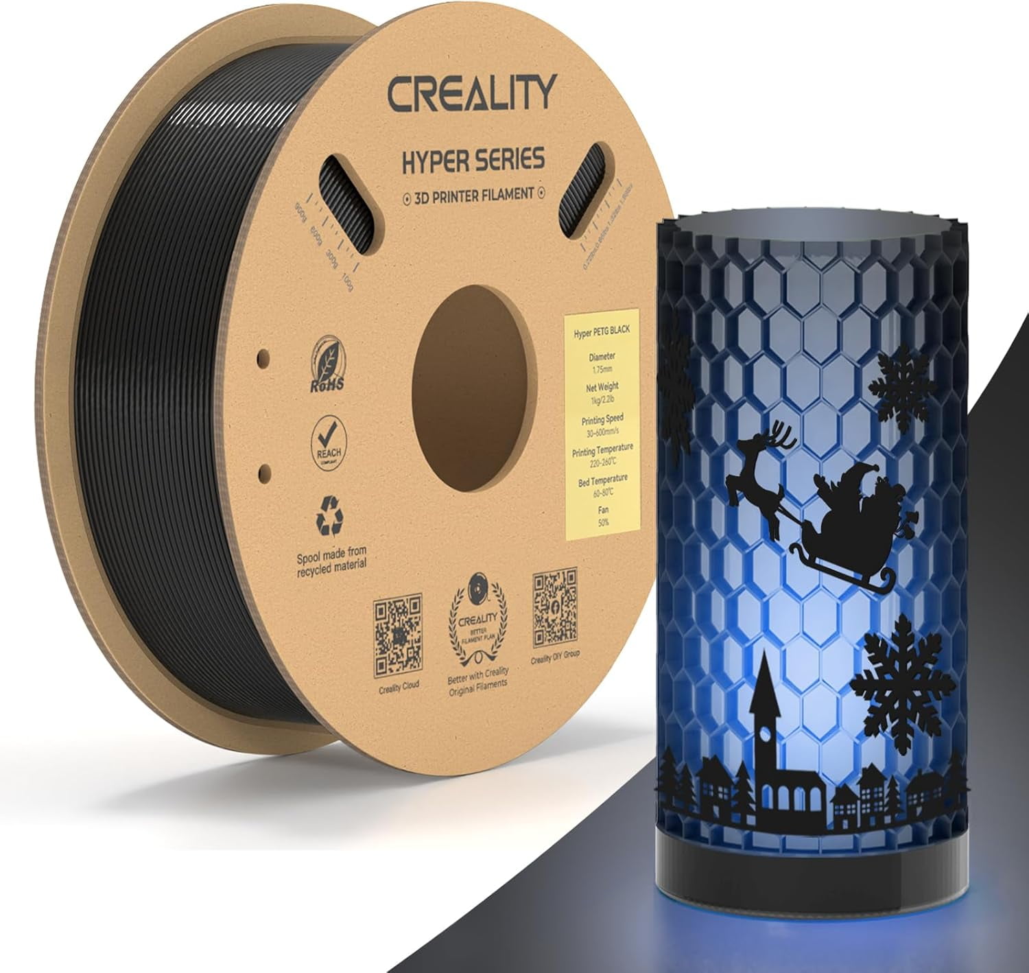 Official Hyper PETG Filament Clear-Christmas Decor, High Speed 600mm/s 3D Printer Filament PETG, 1kg(2.2lbs)/Spool 1.75mm, Dimensional Accuracy ± 0.05 mm (Black)