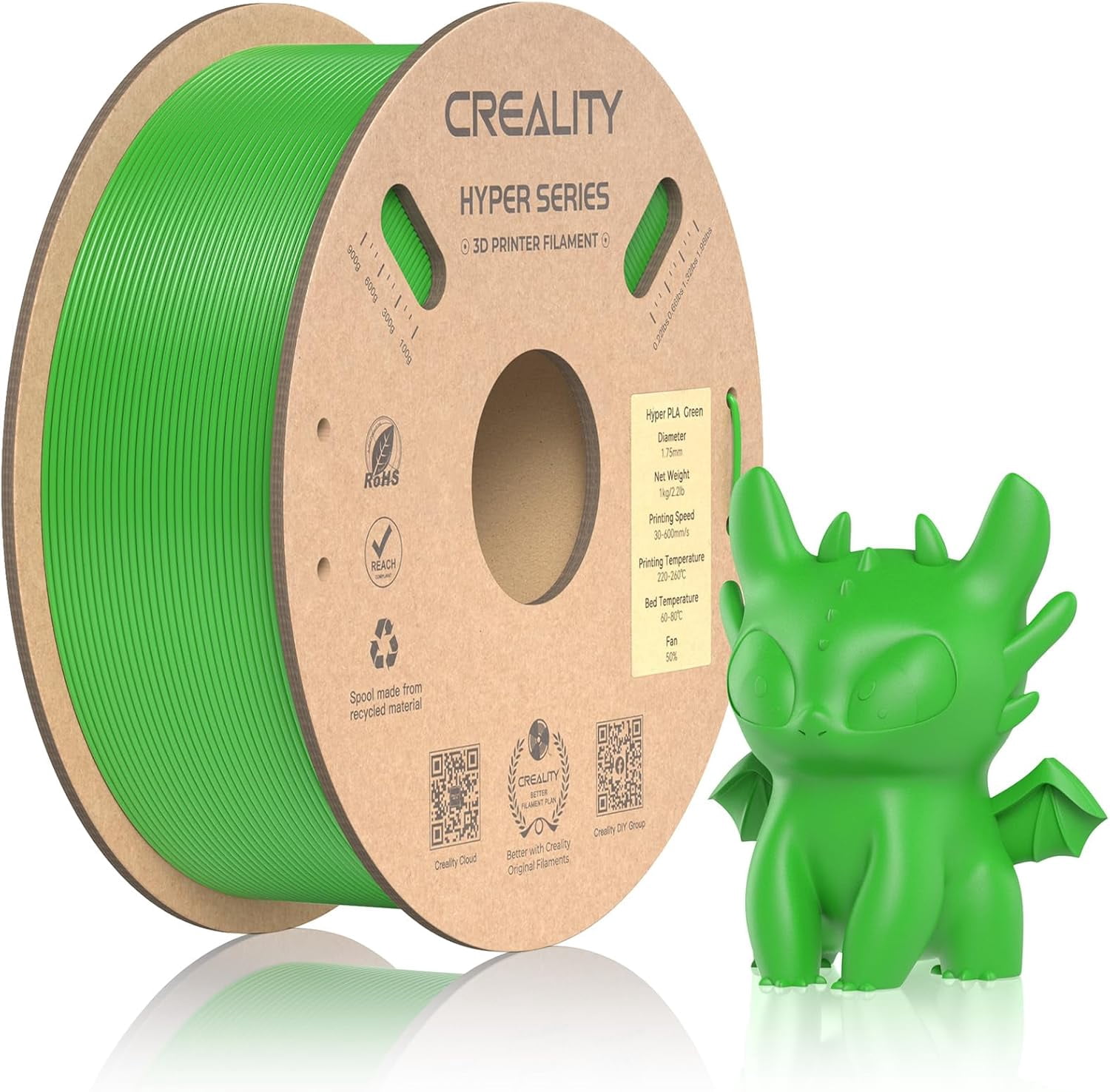 Official Hyper PLA Filament 1.75mm, High Speed PLA 30-600mm/s Rapid 3D Printer Filament, Dimensional Accuracy +/-0.02mm, Stronger Toughness, Fit Most FDM 3D Printers，1KG(2.2lbs) Spool Green