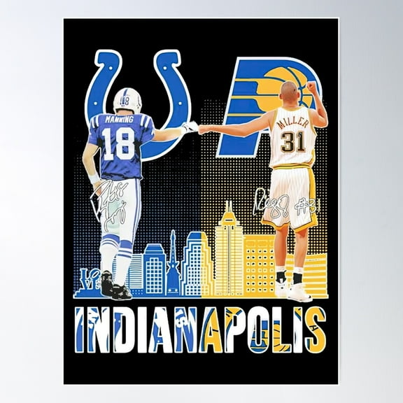 Official Indianapolis Colts Indiana Pacers Peyton Manning Vs Reggie Miller Signatures Poster Wall Art, Modern Wall Decor, 8x12 UNFRAMED