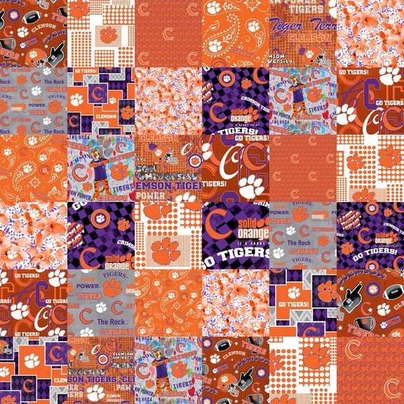 Official Licensed Clemson University Cheater Quilt Printed Cotton Fabric-Clemson Tigers Cotton Fabric with Patchwork Cheater Quilt Print-60 Width