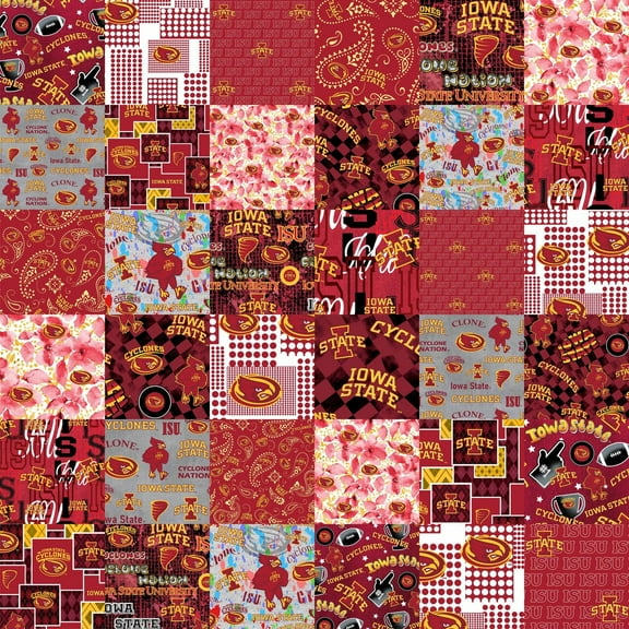 Official Licensed Iowa State University Cheater Quilt Printed Cotton Fabric-Iowa State Cyclones Cotton Fabric with Patchwork Cheater Quilt Print-60 Width