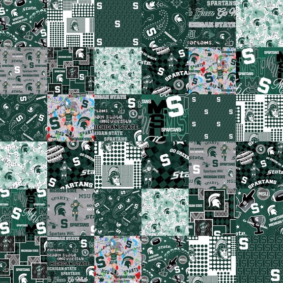 Official Licensed Michigan State University Cheater Quilt Printed Cotton Fabric-Michigan State Spartans Cotton Fabric with Patchwork Cheater Quilt Print-60 Width