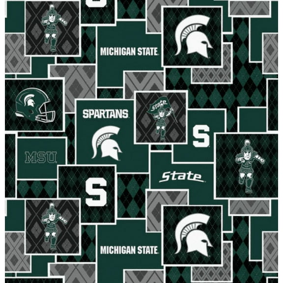 Cotton Michigan State University MSU Spartans Argyle Boxes Officially Licensed by Sykel Enterprises Green Cotton Fabric Print by the Yard (MIST1371)