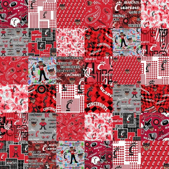 Official Licensed University of Cincinnati Cheater Quilt Printed Cotton Fabric-Cincinnati Bearcats Cotton Fabric with Patchwork Cheater Quilt Print-60 Width
