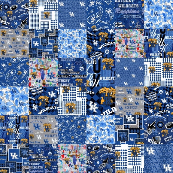 Official Licensed University of Kentucky Cheater Quilt Printed Cotton Fabric-Kentucky Wildcats Cotton Fabric with Patchwork Cheater Quilt Print-60 Width