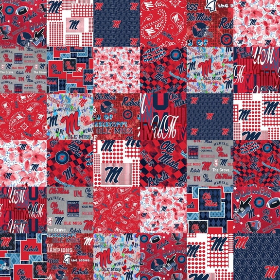 Official Licensed University of Mississippi Cheater Quilt Printed Cotton Fabric-Ole Miss Rebels Cotton Fabric with Patchwork Cheater Quilt Print-60 Width