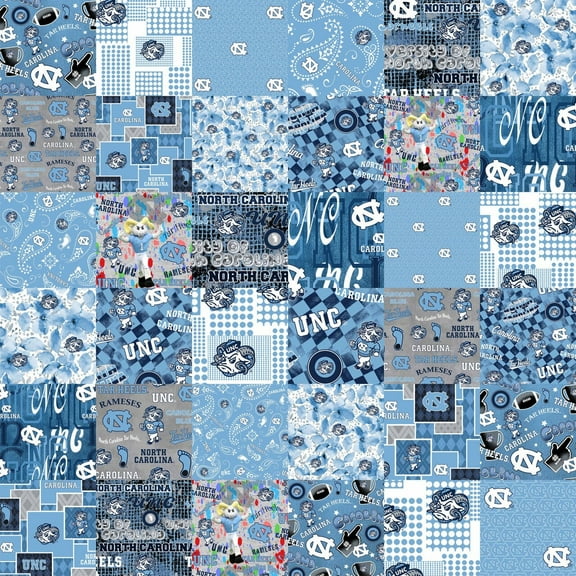 Official Licensed University of North Carolina Cheater Quilt Printed Cotton Fabric-UNC Tar Heels Cotton Fabric with Patchwork Cheater Quilt Print-60 Width