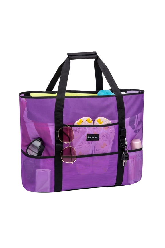 Women Extra Large Beach Bag Shop Grocery Bag Picnic Mesh Tote Bag with Zip and Pocket purple
