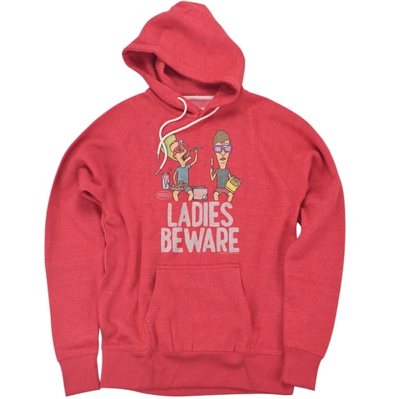 Official MTV Beavis and Butthead Ladies, Beware Premium Ultrasoft Tri-Blend Hoodie (Small) Red