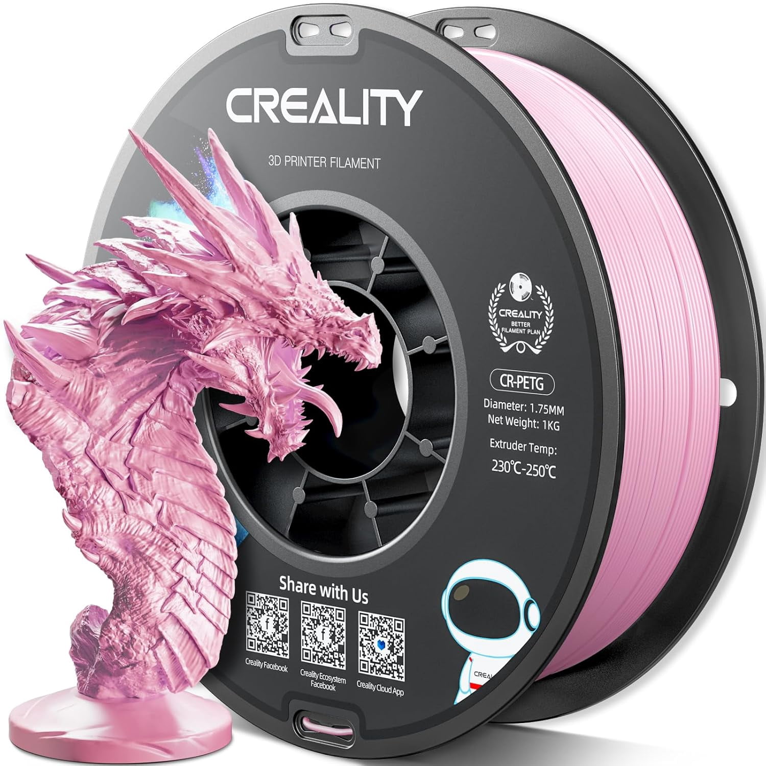 Official PETG 3D Printer Filament 1.75mm 1KG (2.2lbs), High Precision, Strong Toughness, Odorless, Better Flow, Moistureproof 3D Printing CR PETG Filament, Pink