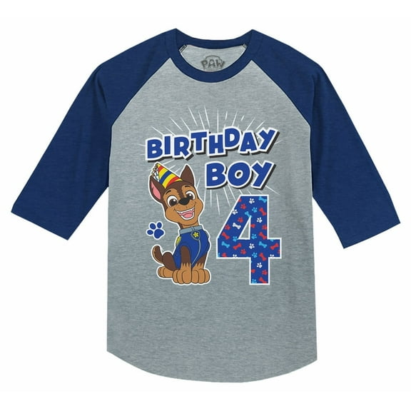 Official Paw Patrol Chase Themed 4th Birthday T-Shirt - Perfect Birthday Gift for Four Year-Olds - Celebratory 3/4 Sleeve Raglan Toddler Shirt - High Quality Graphic Print Memorable Birthday Apparel