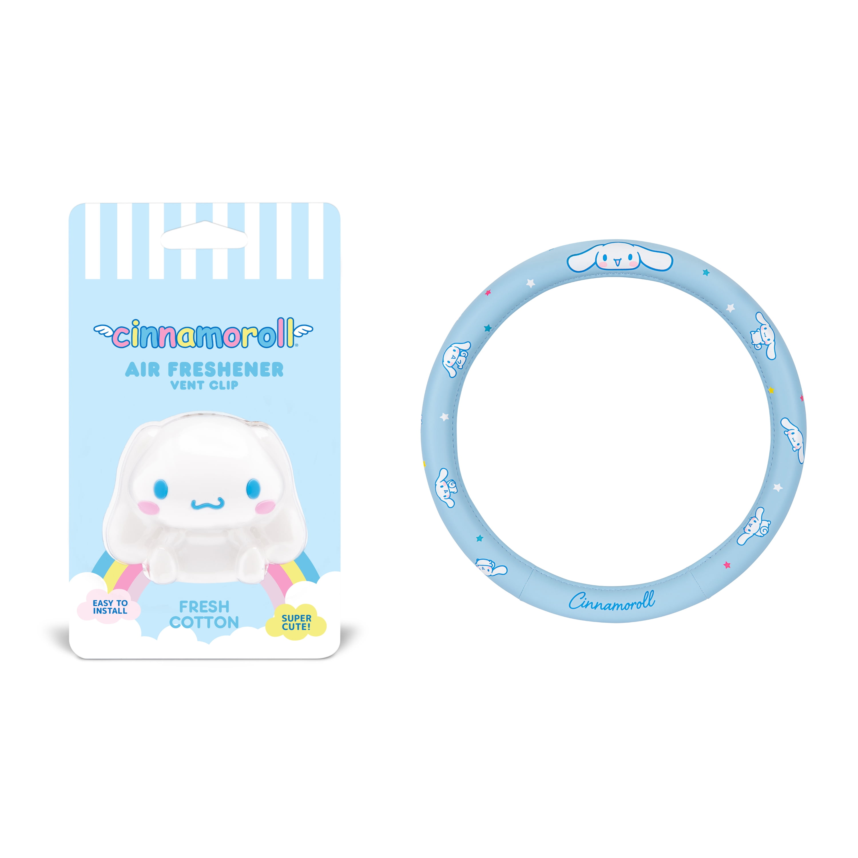 Official Sanrio Hello Kitty Cinnamoroll Steering Wheel Cover with Easy Clip-on Car Air Freshener, Odor Eliminator, Fun Scents