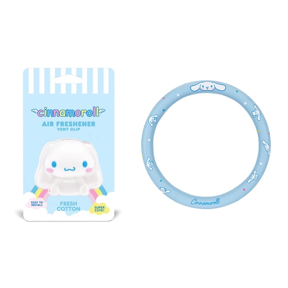 Official Sanrio Hello Kitty Cinnamoroll Steering Wheel Cover with Easy Clip-on Car Air Freshener, Odor Eliminator, Fun Scents