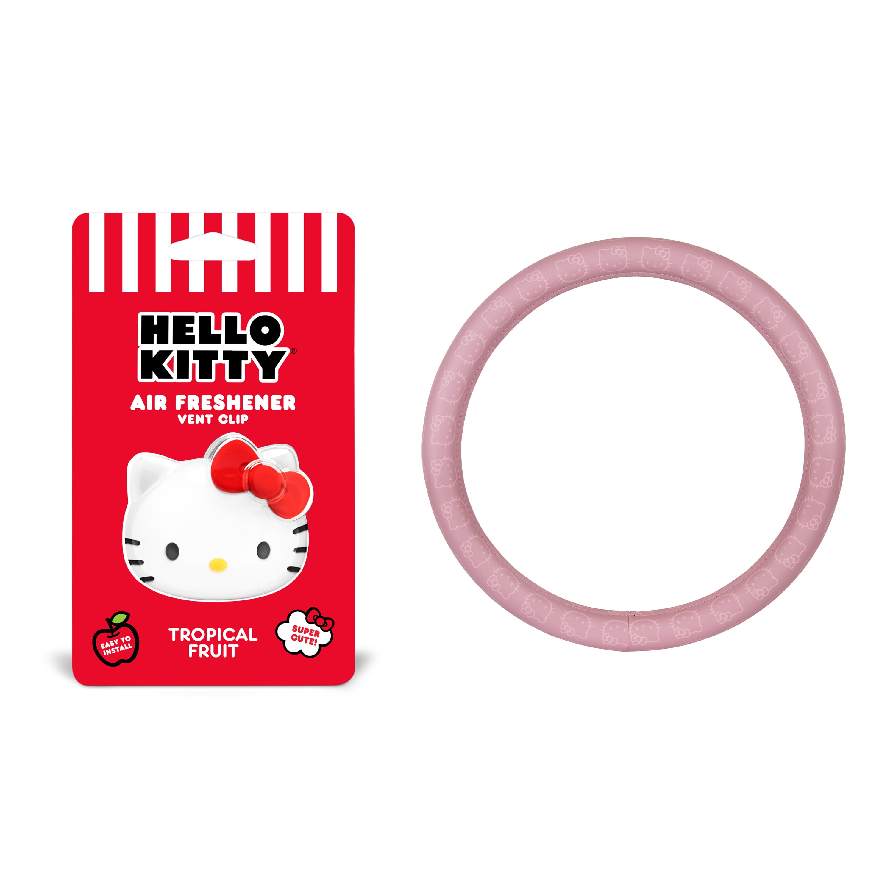 Official Sanrio Hello Kitty Steering Wheel Cover with Easy Clip-on Car Air Freshener, Odor Eliminator, Fun Scents