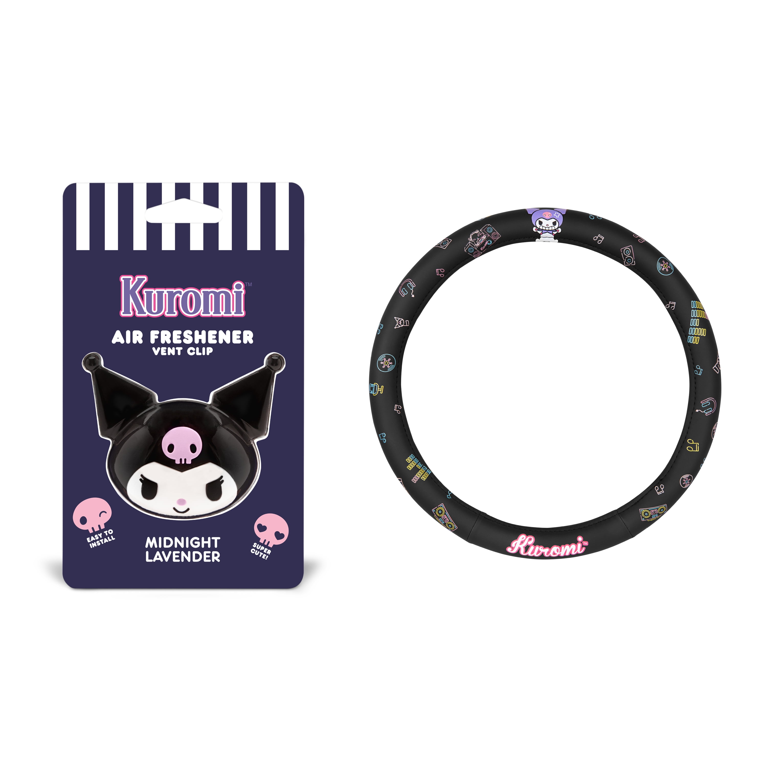Official Sanrio Kuromi Steering Wheel Cover with Easy Clip-on Car Air Freshener, Odor Eliminator, Fun Scents