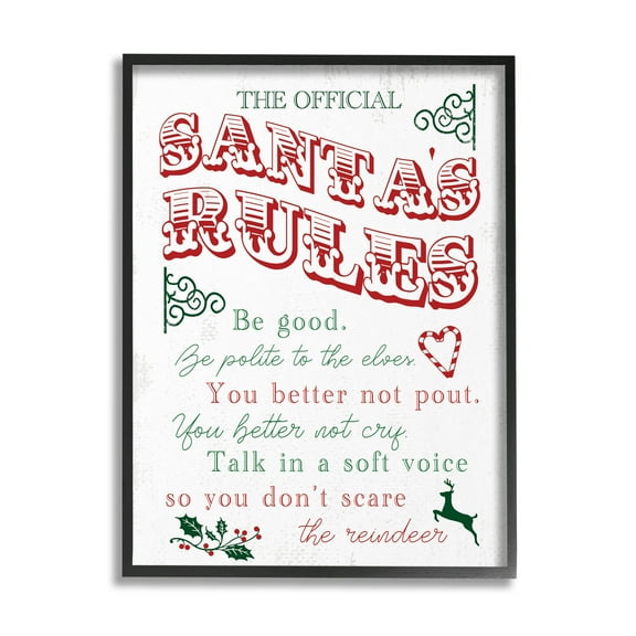 Official Santa's Rules Christmas List Holiday Graphic Art Black Framed Art Print Wall Art