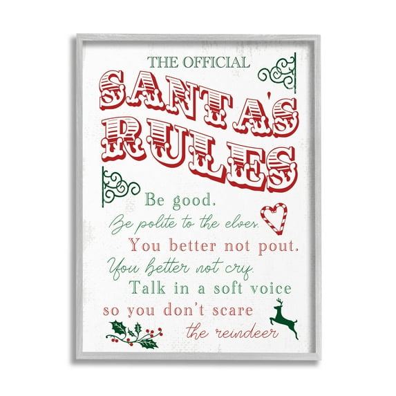 Official Santa's Rules Christmas List Holiday Graphic Art Gray Framed Art Print Wall Art