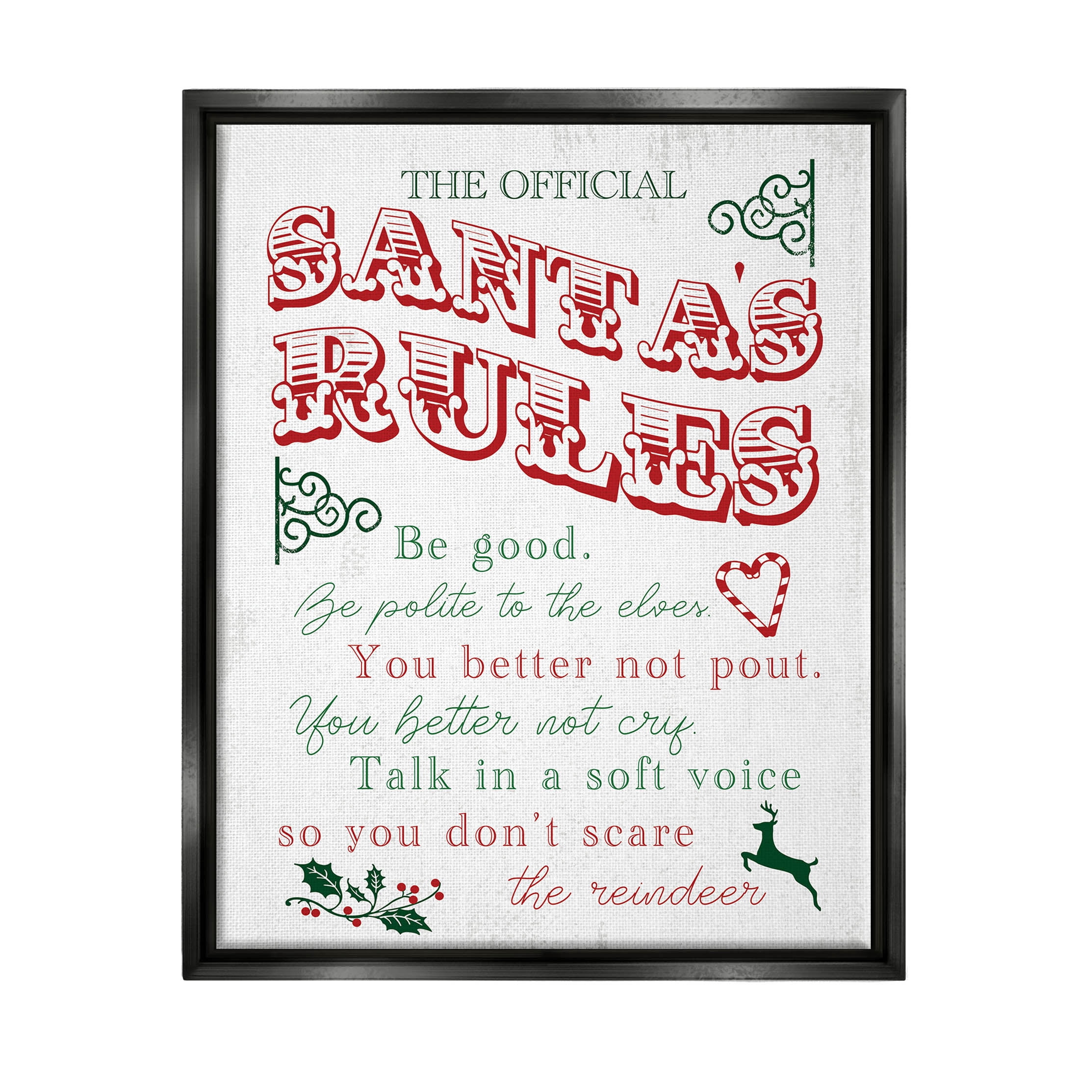 Official Santa's Rules Christmas List Holiday Graphic Art Jet Black Framed Art Print Wall Art