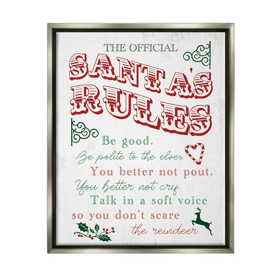 Official Santa's Rules Christmas List Holiday Graphic Art Luster Gray Framed Art Print Wall Art