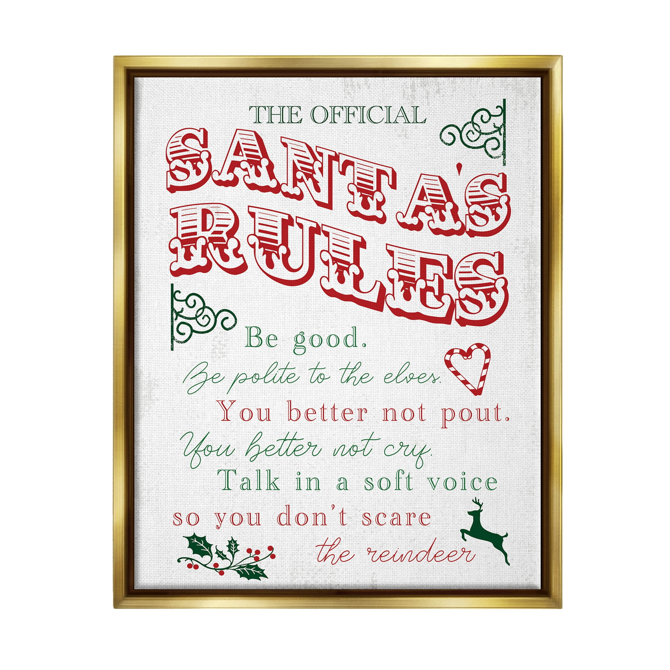 Official Santa's Rules Christmas List Holiday Graphic Art Metallic Gold Framed Art Print Wall Art