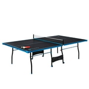 MD Sports Official Size Indoor Table Tennis Pong Table, 4 Piece Foldable Design with Net, Paddles & Balls – Blue/Black