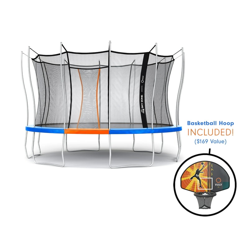 Official Sky Zone x Vuly 14 Foot Trampoline and Basketball Hoop Self Closing Door Blue