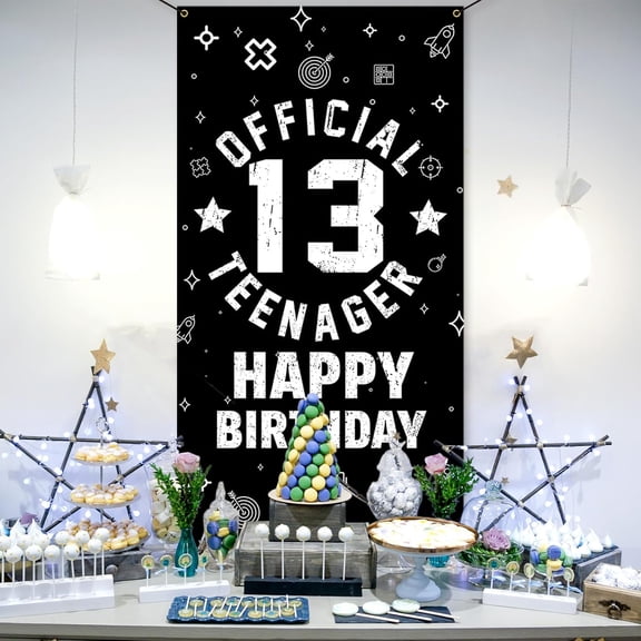 Official Teenager 13th Birthday Decorations for Boys Girls - Fabric 13 Year Old Birthday Backdrop Banner, Yard Sign, Photo Props, Door Decor - Black White Birthday Party Supplies Home Decor
