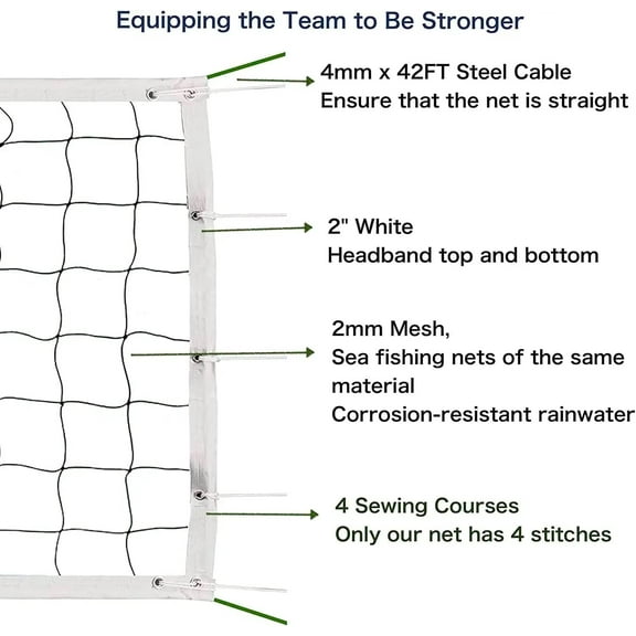 Official Tournament Sized Volleyball Net in| Outdoor with 2 Aircraft Steel Cables Top and Bottom