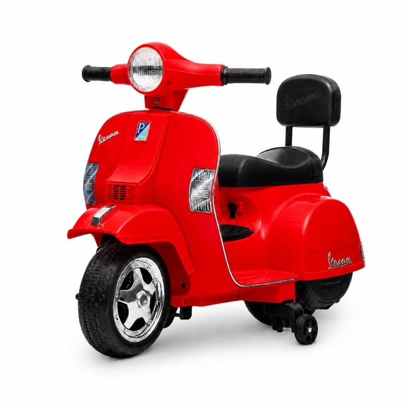Official Vespa 6V Kids Electric Ride-On Scooter – 4-Wheel Anti-Rollover Motorbike – Headlight, Backrest, Training Wheels – Durable PP Battery Car for Toddlers – Red