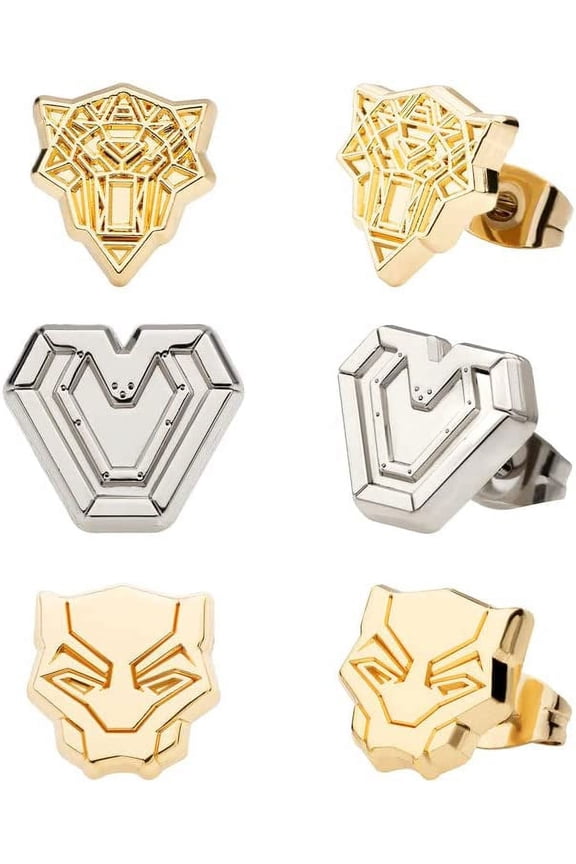Official WAKANDA FOREVER Authorized Marvel Studios Black Panther 3 Stud Earrings Set