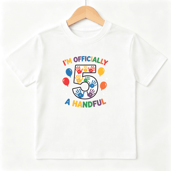 Officially 5 Handful Boys Graphic Tee, 5th Birthday Colorful Party 100% Cotton Kids Short Sleeve T-Shirt