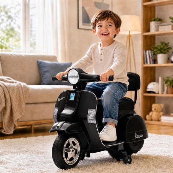 Officially Licensed 6V Electric Ride-On Scooter with 4-Wheel Stability, Detachable Training Wheels, Working Headlight, Backrest Seat, PP Body, Rechargeable Battery, Ages 3-7,Black