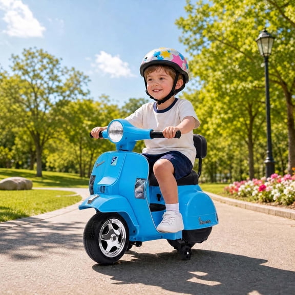 Officially Licensed 6V Electric Ride-On Scooter with 4-Wheel Stability, Detachable Training Wheels, Working Headlight, Backrest Seat, PP Body, Rechargeable Battery, Ages 3-7,Blue