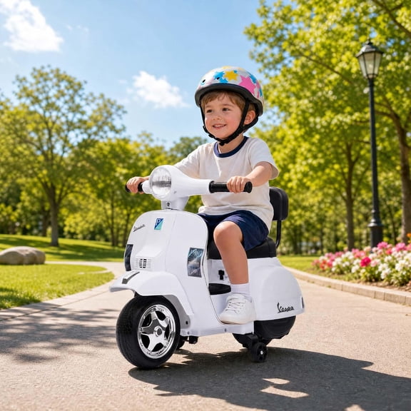 Officially Licensed 6V Electric Ride-On Scooter with 4-Wheel Stability, Detachable Training Wheels, Working Headlight, Backrest Seat, PP Body, Rechargeable Battery, Ages 3-7,White