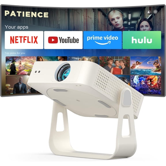 Officially-Licensed App & Auto Focus]White Smart Mini Projector with WiFi and Bluetooth, 4K Support Movie Projector, Portable Native 1080P Outdoor 360 Stand