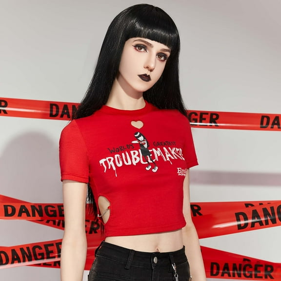 [Officially Licensed] Emily The Strange Crop Tops for Women Short Sleeve T-Shirts Casual Red Daily Wear, S