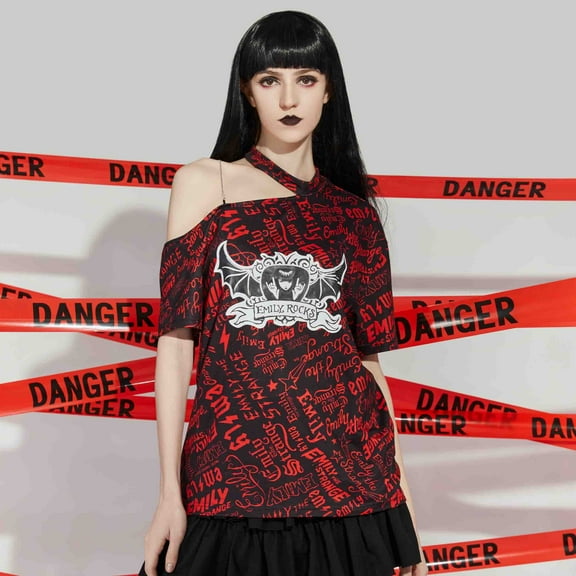 [Officially Licensed] Emily The Strange Women's T-Shirt One Shoulder Summer Tops with Emily Rocks Print, XL