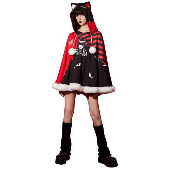 [Officially Licensed] Emily the Strange Cloak Striped Plush Hem Hooded Cape Coat for Halloween, S/M