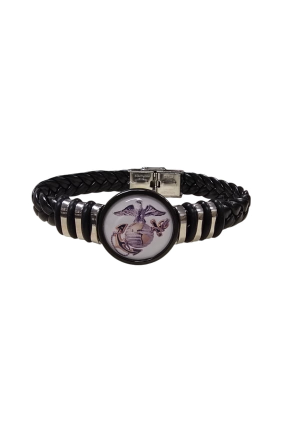 Officially Licensed Marine Corps Black Braided Leather Bracelet with Stainless Steel Accents | Choose from Eagle Globe Anchor or Marine Seal Symbol