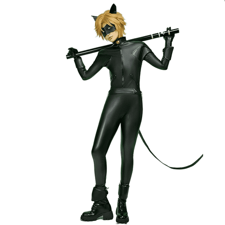 [Officially Licensed] Miraculous Cat Noir Costume Set Elastic Leather Jumpsuit for Halloween, XS