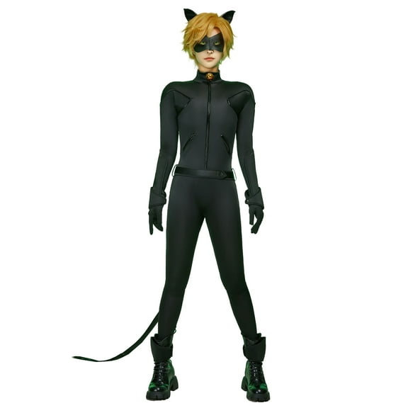 [Officially Licensed] Miraculous Cat Noir Costume Set Polyester Jumpsuit for Halloween, S