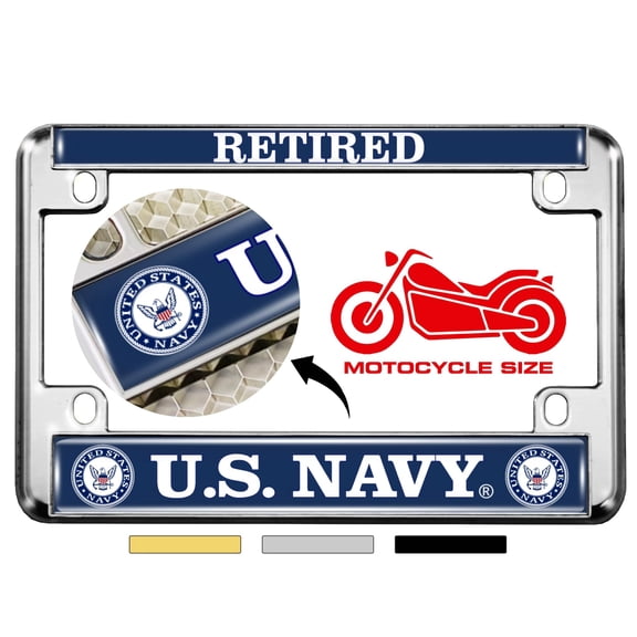 [Officially Licensed Product] - Motorcycle Domed Custom-Made Personalized Metal License Plate Frame Frame with Retired US Navy Design - Chrome