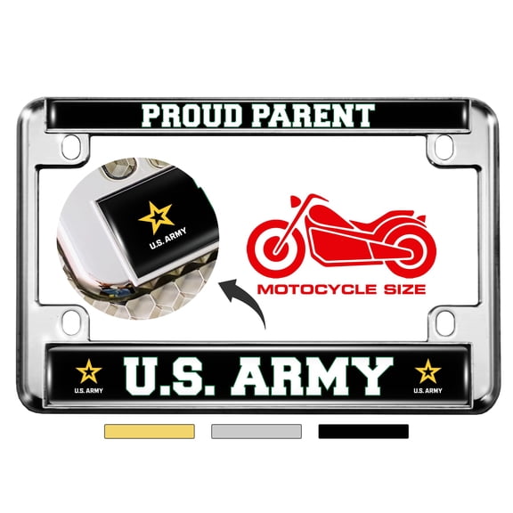 [Officially Licensed Product] - Motorcycle Domed Custom-Made Personalized Metal License Plate Frame with Proud Parent U.S. Army & Star Logo Design - Chrome