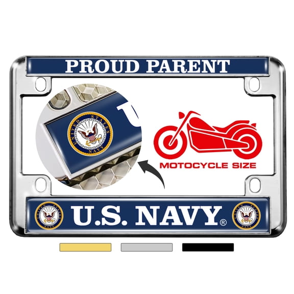 [Officially Licensed Product] - Motorcycle Domed Custom-Made Personalized Metal License Plate Frame with U.S. Navy Proud Parent & Eagle, Anchor Logo Design - Chrome